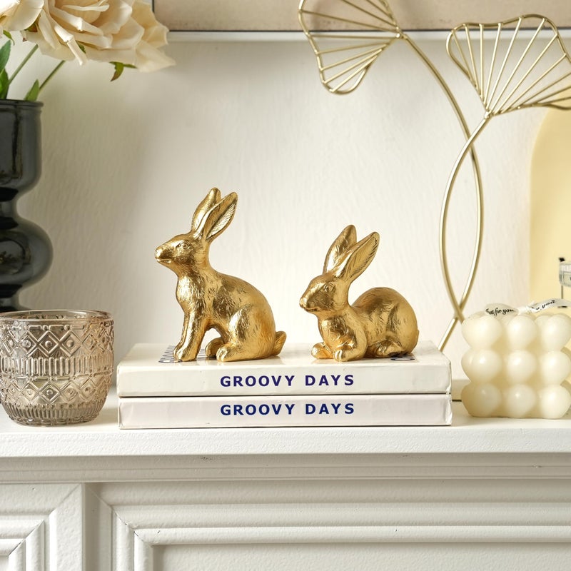 AOMOONOA Gold Easter Bunny Decor, Small Bunny Figurines Set of 2, Resin Rabbit Statues, Gold Bunny Decor for Spring Centerpiece, Home Mantle Shelf Decor - Image 5
