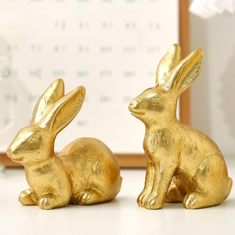 AOMOONOA Gold Easter Bunny Decor, Small Bunny Figurines Set of 2, Resin Rabbit Statues, Gold Bunny Decor for Spring Centerpiece, Home Mantle Shelf Decor - Image 1