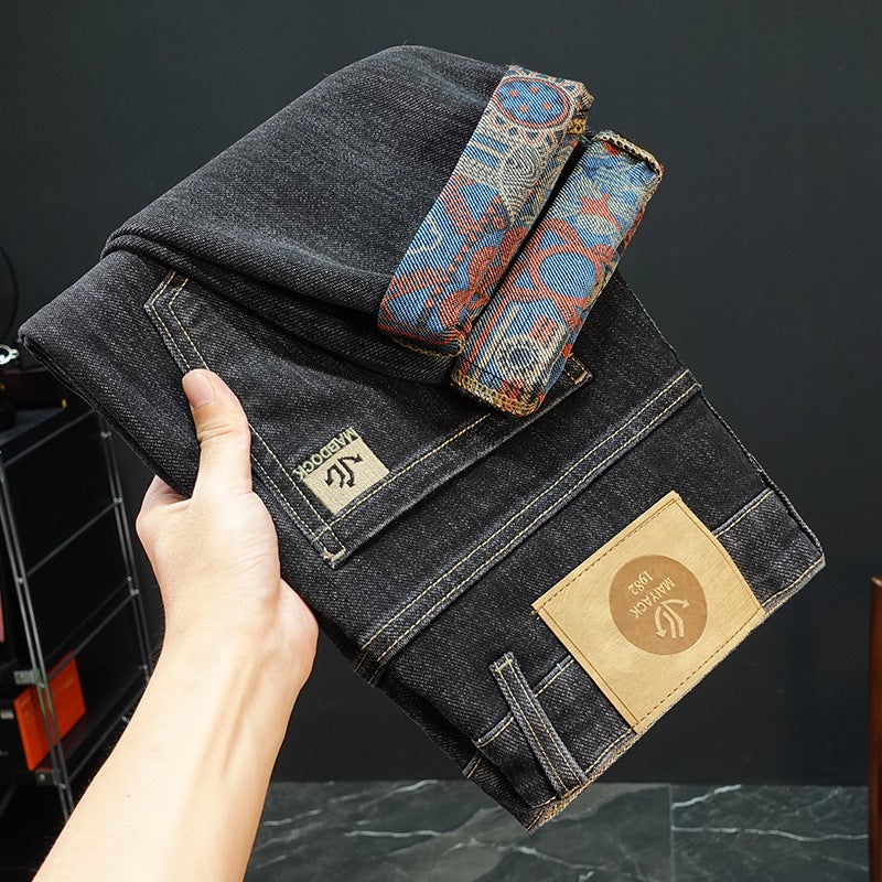 4 Seasons Men Fashion Casual Pants Thickened Print Embroidery Slim Fit Small Straight Cylinder Pants Youth 6008 black thick section 
