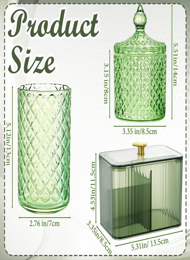 FoldTier مجموعة أدوات الحمام FoldTier المكونة من 3 قطع، حامل كرات قطنية، صندوق تخزين كرات قطنية/أعواد/مسحات قطنية، موزع تخزين مستحضرات تجميل بثلاثة أقسام، مناسب لصينية الزينة، وعاء لحفظ الحلوى، مناسب للمنزل (أخضر) - Image 2