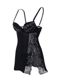 Women Floral Mesh Split Cut Out Babydoll Lingerie Slip Dress.