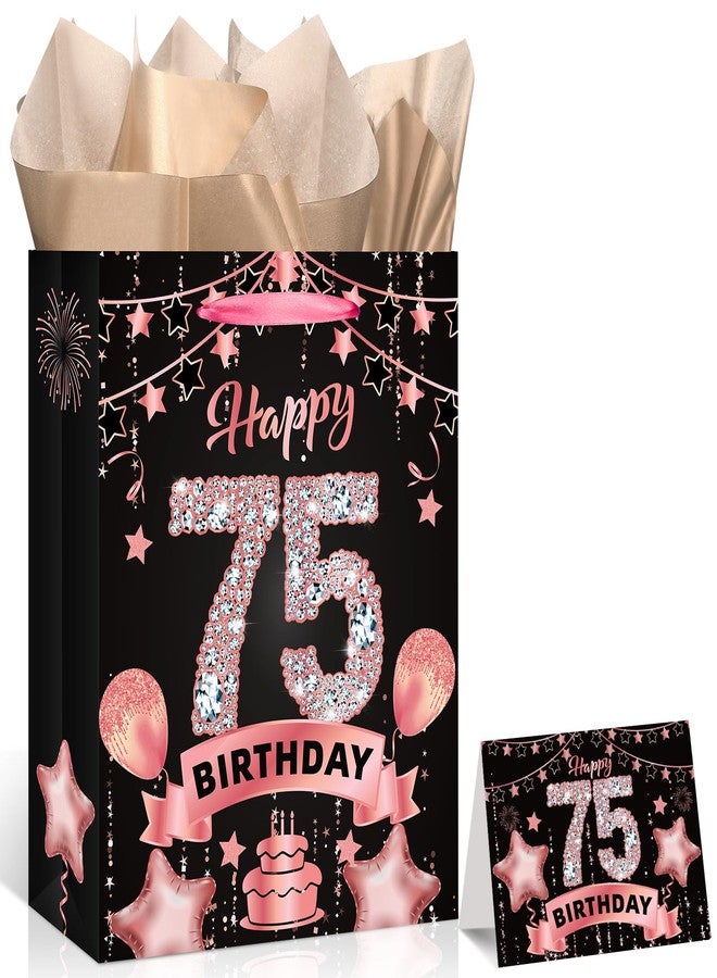 LUUFILx Rose Gold 75th Birthday Gift Bag for Women Party Favor Bags with Wrapping Paper Card Rose Gold Christmas 75 Birthday Gift Wrap Bag for 75 Years Old Party Decorations Supplies - Image 1