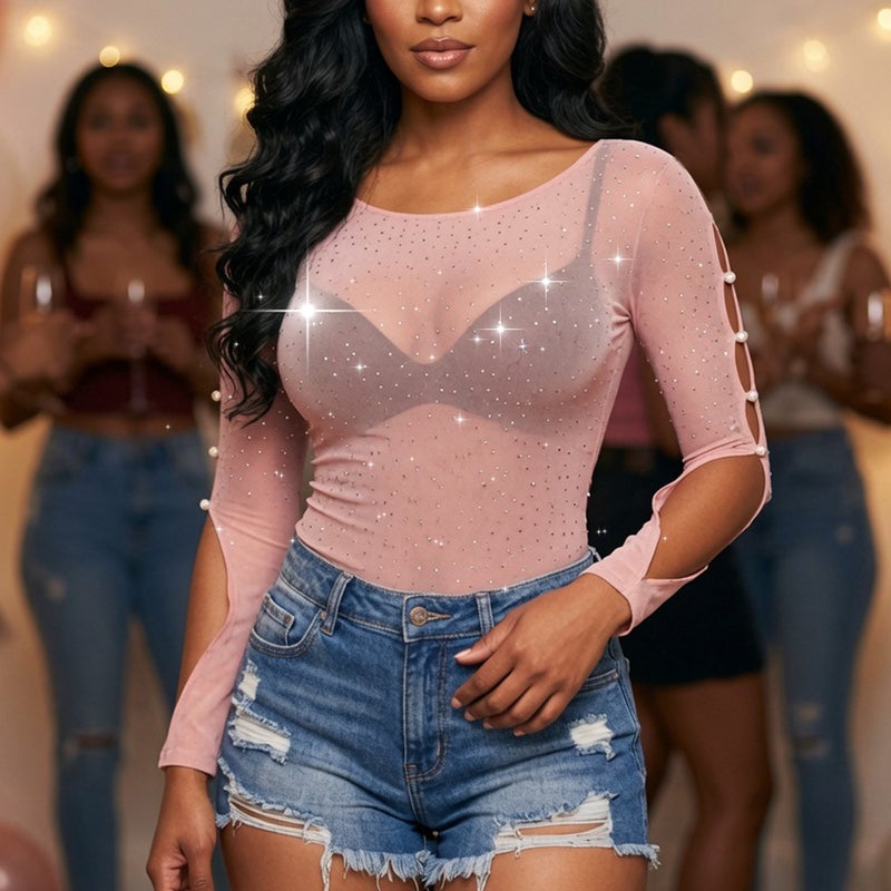 Women's Pink Rhinestone Hollow-Out Mesh Long Sleeve Party T-Shirt - Image 1