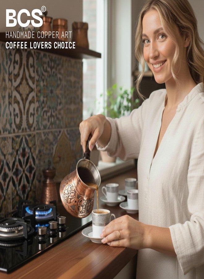 BCS 12 Oz Copper Turkish Greek Arabic Coffee Pot with Wooden Handle (4 servings) Cezve Ibrik Briki Stovetop Coffee Maker (Includes Wooden Spoon) - Image 3