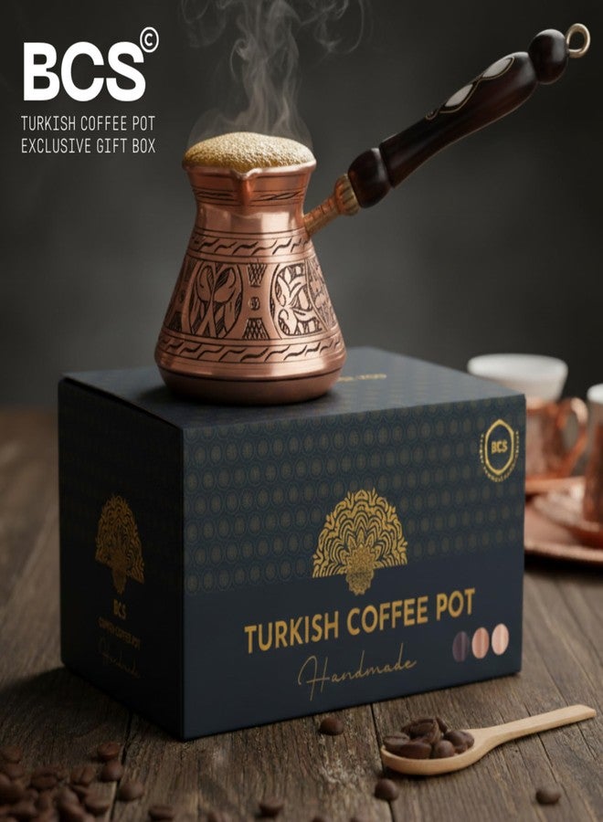 BCS 12 Oz Copper Turkish Greek Arabic Coffee Pot with Wooden Handle (4 servings) Cezve Ibrik Briki Stovetop Coffee Maker (Includes Wooden Spoon) - Image 5