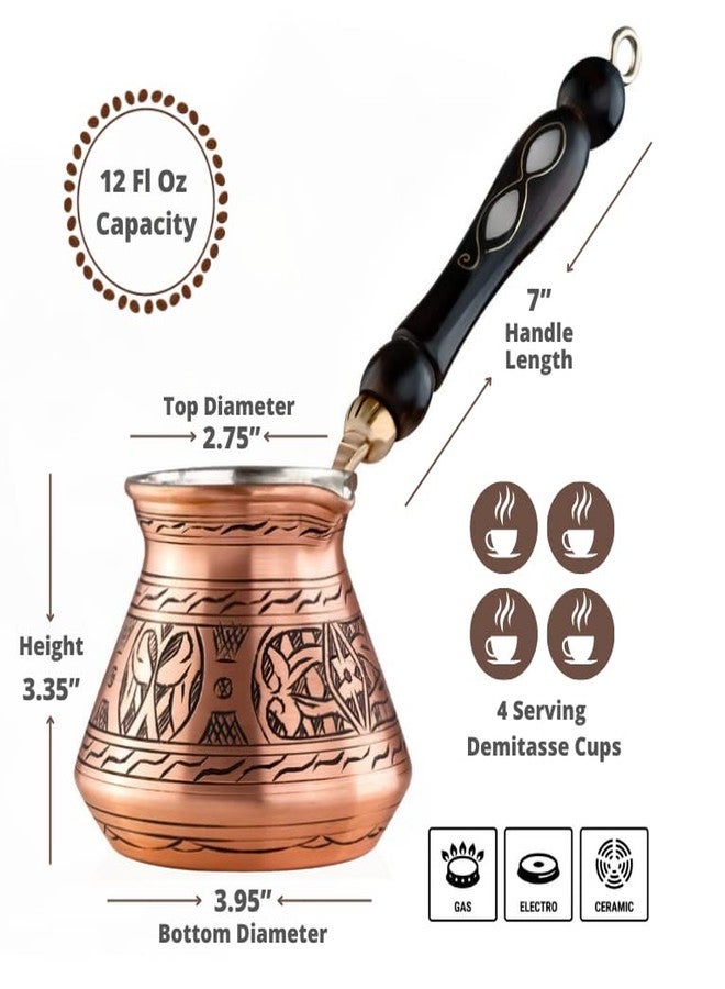 BCS 12 Oz Copper Turkish Greek Arabic Coffee Pot with Wooden Handle (4 servings) Cezve Ibrik Briki Stovetop Coffee Maker (Includes Wooden Spoon) - Image 2