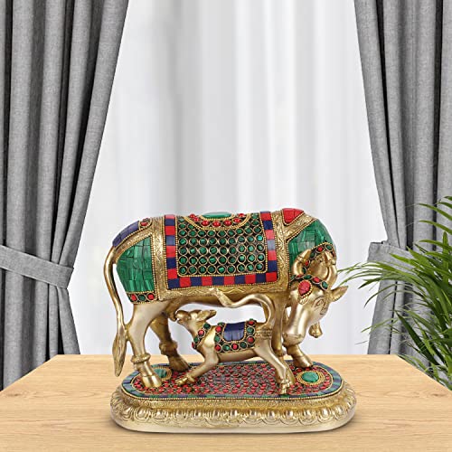Kartique Brass Murti Kamdhenu Holy Cow and Calf Gau MATA Kamadhenu Surabhi for Home Decor Vastu Feng Shui Good Luck Statue Multicolored Stone Weight 4.3 Kg, Height 7 Inch - Image 2