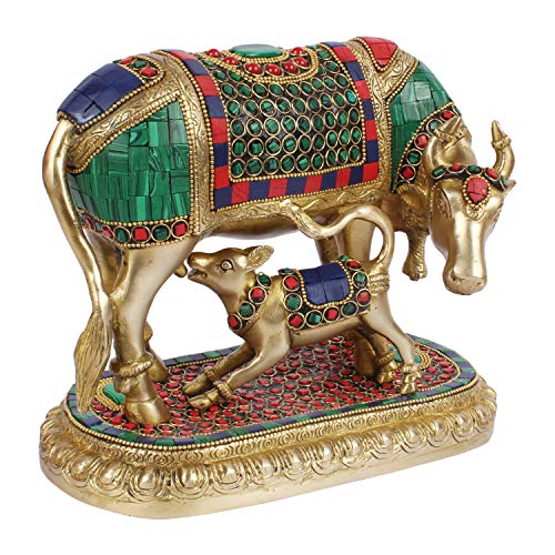 Kartique Brass Murti Kamdhenu Holy Cow and Calf Gau MATA Kamadhenu Surabhi for Home Decor Vastu Feng Shui Good Luck Statue Multicolored Stone Weight 4.3 Kg, Height 7 Inch - Image 3