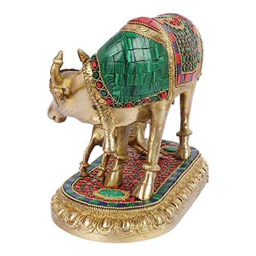 Kartique Brass Murti Kamdhenu Holy Cow and Calf Gau MATA Kamadhenu Surabhi for Home Decor Vastu Feng Shui Good Luck Statue Multicolored Stone Weight 4.3 Kg, Height 7 Inch - Image 5