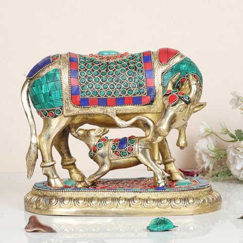 Kartique Brass Murti Kamdhenu Holy Cow and Calf Gau MATA Kamadhenu Surabhi for Home Decor Vastu Feng Shui Good Luck Statue Multicolored Stone Weight 4.3 Kg, Height 7 Inch - Image 1