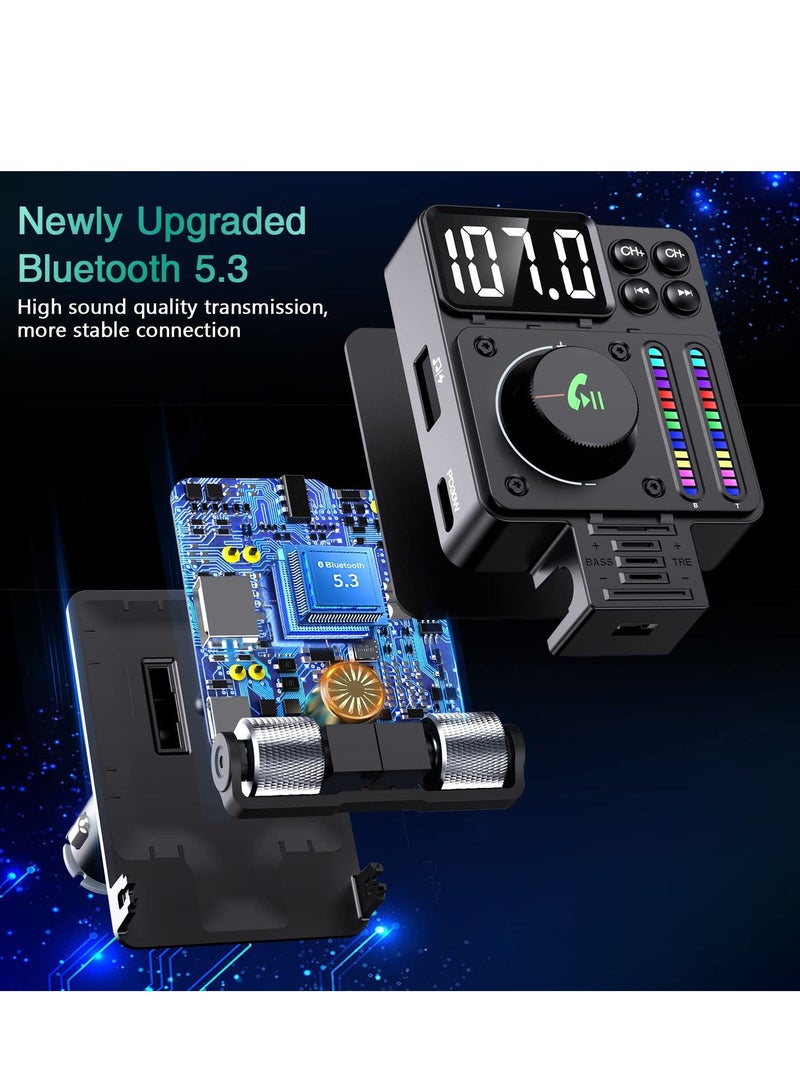 Y&D Bluetooth 5.3 FM Transmitter for Car, 30W PD & QC3.0 Fast Car Charger, Wireless Radio Adapter, Supports Hands-Free Call, Larger LED Display, Adjustable Treble and Bass Sound Music Player  - Image 2