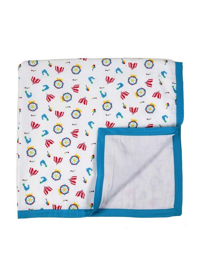 My Milestones - 100% Cotton Muslin Baby Blanket - 6 Layered (43X43 Inches) - Carnival Teal Blue Print - Image 1
