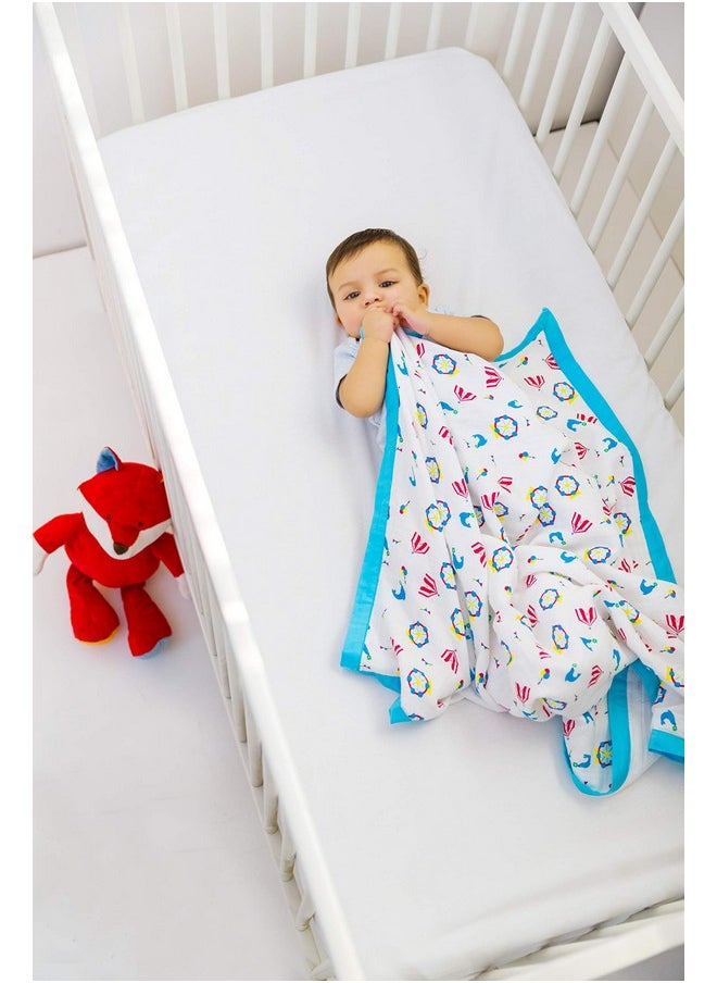 My Milestones - 100% Cotton Muslin Baby Blanket - 6 Layered (43X43 Inches) - Carnival Teal Blue Print - Image 1