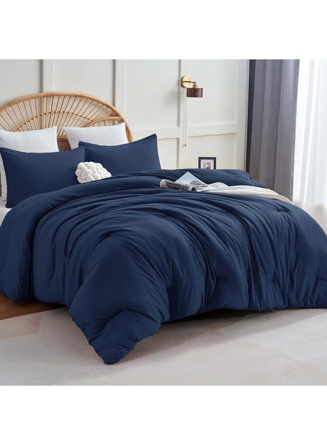 CozyLux Oversized Queen Comforter Set Navy Blue, 3 Pieces 98x98 Solid Breathable Quilted Style Bedding Sets All Season, Luxury Soft Down Alternative Comforter Bed Set (1 Comforter & 2 Pillowcases) - Image 1