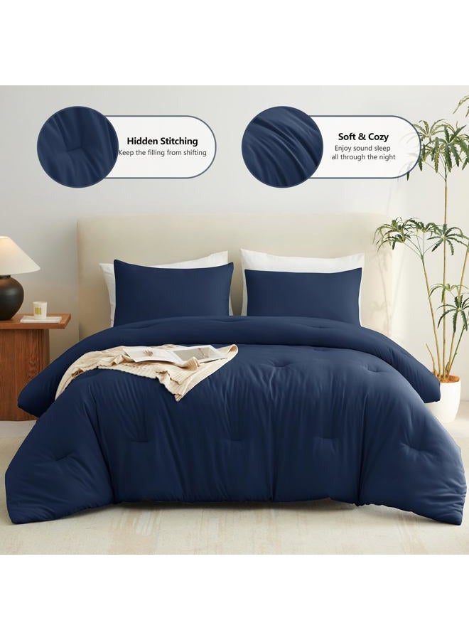 CozyLux Oversized Queen Comforter Set Navy Blue, 3 Pieces 98x98 Solid Breathable Quilted Style Bedding Sets All Season, Luxury Soft Down Alternative Comforter Bed Set (1 Comforter & 2 Pillowcases) - Image 3