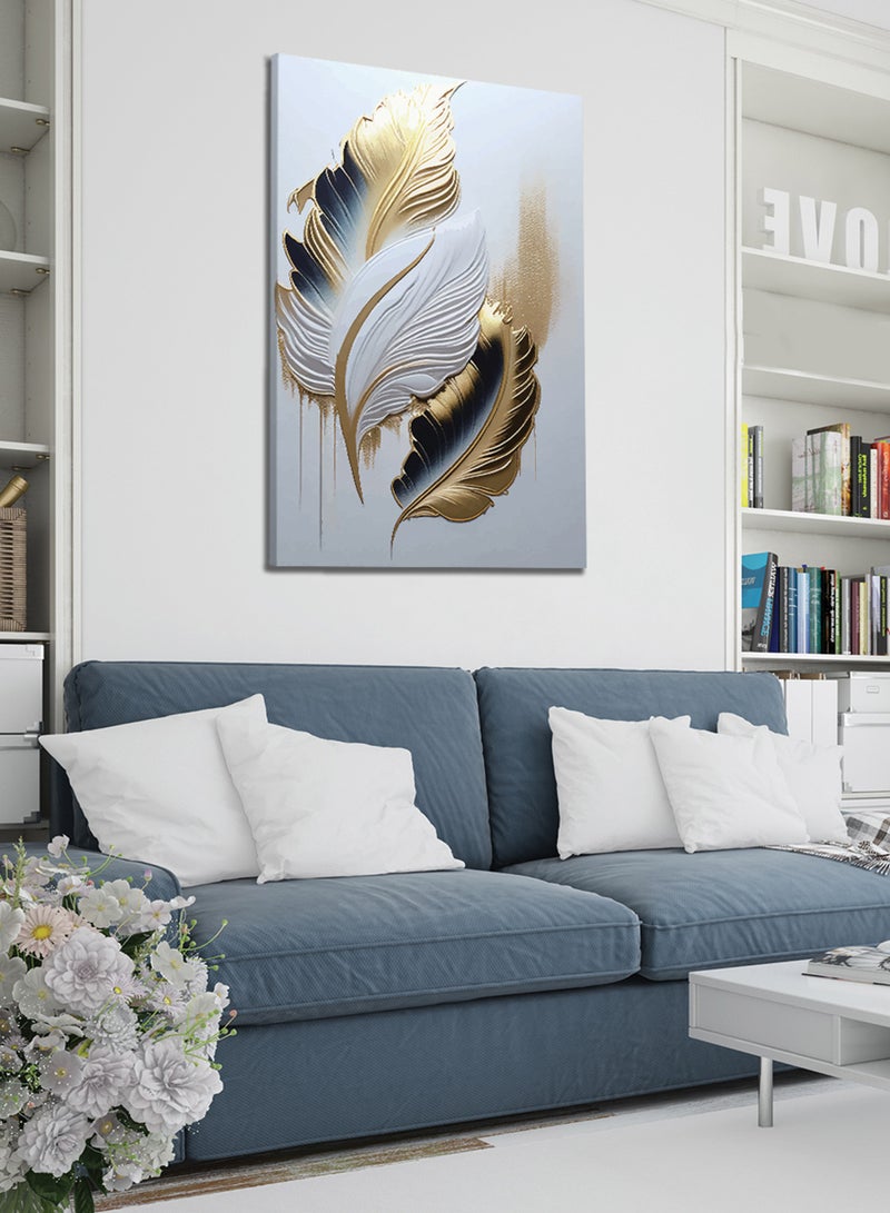 LOWHA Canvas Wall Art Stretched Over Wooden Frame with Golden Feathers Abstract Painting - Image 1