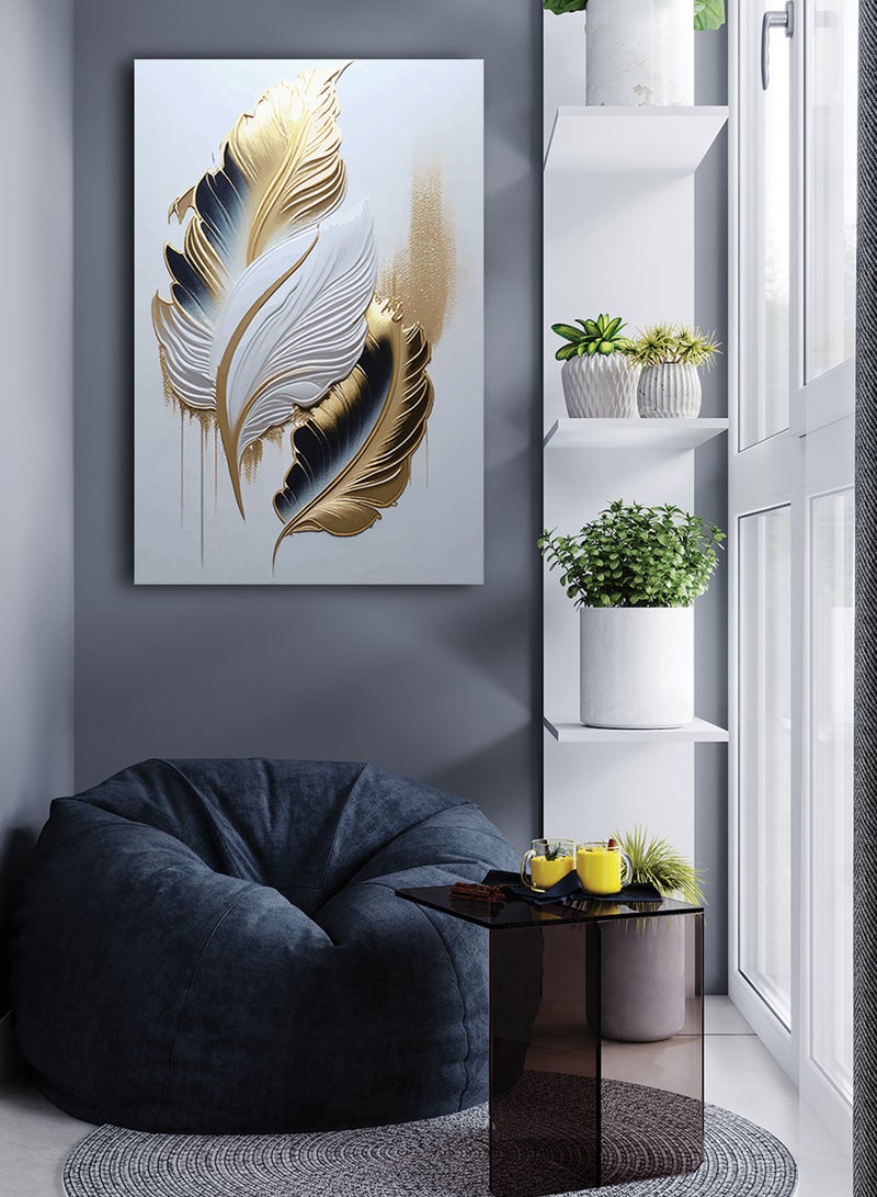 LOWHA Canvas Wall Art Stretched Over Wooden Frame with Golden Feathers Abstract Painting - Image 3