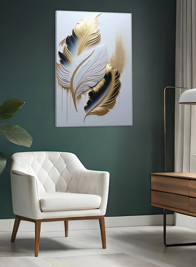 LOWHA Canvas Wall Art Stretched Over Wooden Frame with Golden Feathers Abstract Painting - Image 2