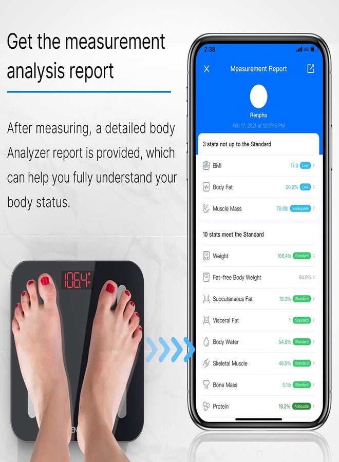 رينفو ميزان رينفو لقياس وزن الجسم ونسبة الدهون، ميزان حمام رقمي عالي الدقة، مزود بشاشة LED مضيئة، تصميم بزوايا دائرية، يتحمل وزن 400 رطل (10.2 بوصة/260 مم، بلوتوث أسود مع تطبيق) - Image 5