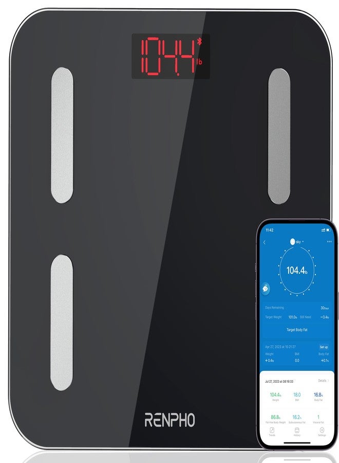 رينفو ميزان رينفو لقياس وزن الجسم ونسبة الدهون، ميزان حمام رقمي عالي الدقة، مزود بشاشة LED مضيئة، تصميم بزوايا دائرية، يتحمل وزن 400 رطل (10.2 بوصة/260 مم، بلوتوث أسود مع تطبيق) - Image 1
