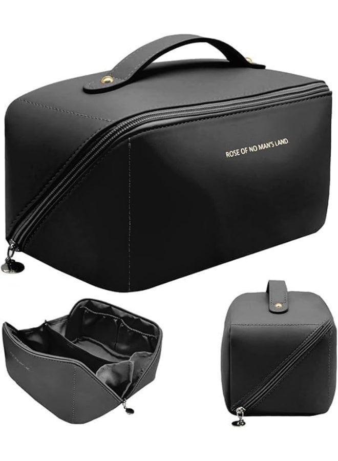 حقيبة سفر جلدية للمكياج وأدوات النظافة، منظم ذو سعة كبيرة لمستحضرات التجميل، تصميم مفتوح ومسطح (أسود) - Image 1