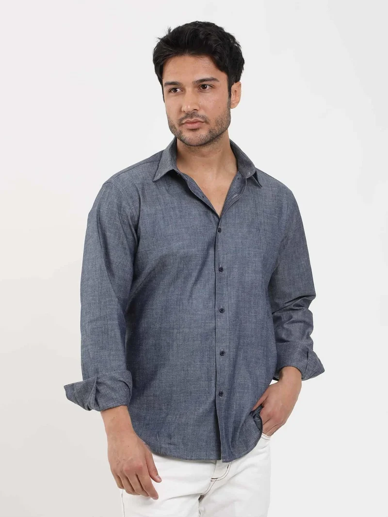 Dufy Navy Blue Men's Regular Fit Melange Patterned Button Collar Long Sleeve Shirt - 95028