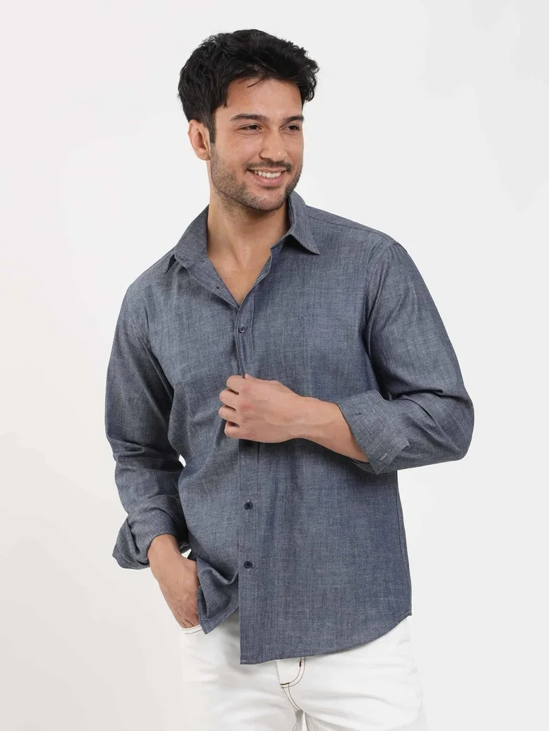 Dufy Navy Blue Men's Regular Fit Melange Patterned Button Collar Long Sleeve Shirt - 95028