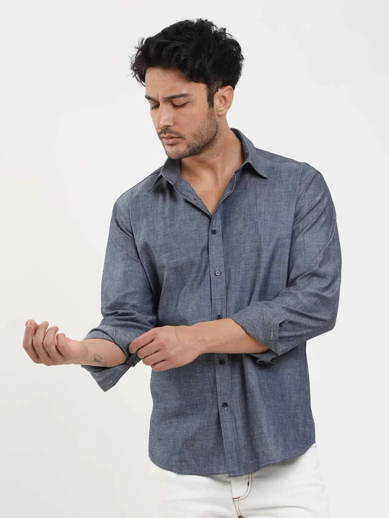 Dufy Navy Blue Men's Regular Fit Melange Patterned Button Collar Long Sleeve Shirt - 95028