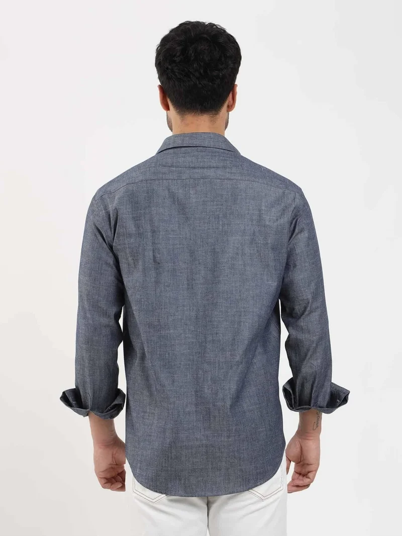 Dufy Navy Blue Men's Regular Fit Melange Patterned Button Collar Long Sleeve Shirt - 95028
