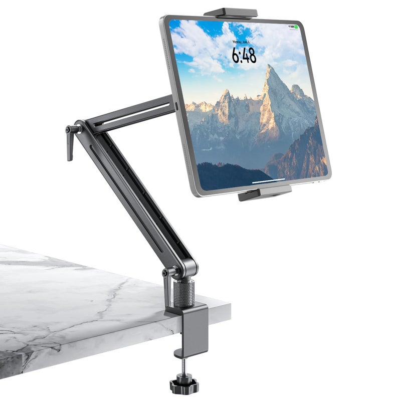 Jakeko Adjustable Tablet Mount for Desk - 360 Degree Rotating Base Tall Arm Holder Stand Swivel Flexible Clamp Soporte para Tablet/Portable Monitor/Ebook - Image 1