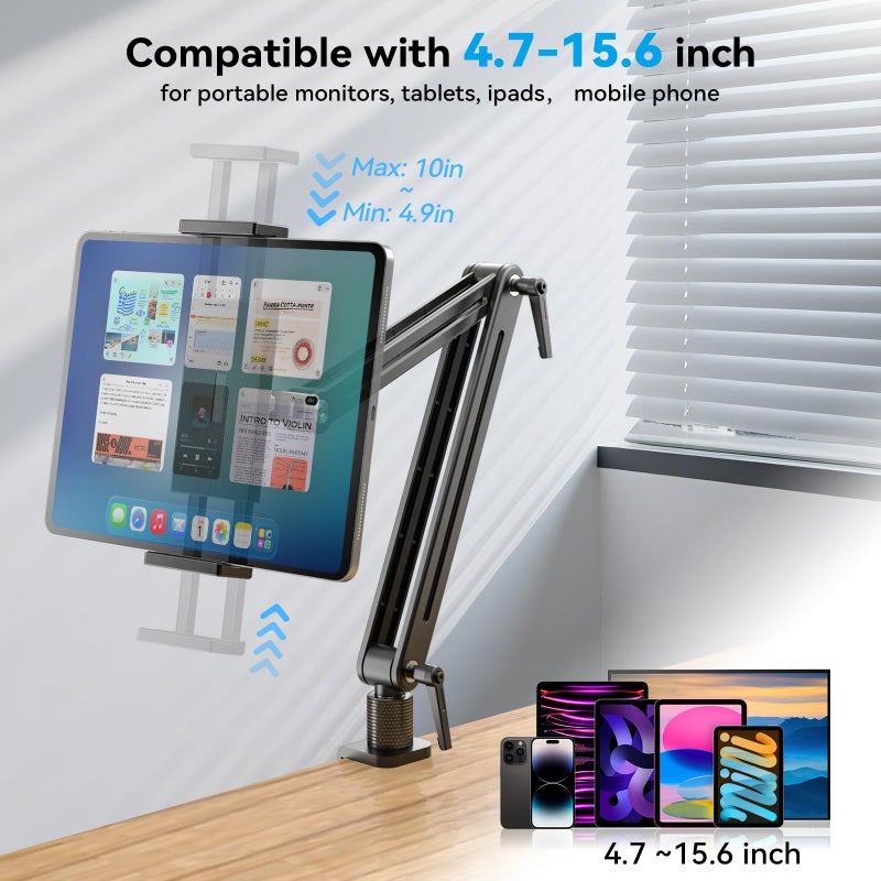 Jakeko Adjustable Tablet Mount for Desk - 360 Degree Rotating Base Tall Arm Holder Stand Swivel Flexible Clamp Soporte para Tablet/Portable Monitor/Ebook - Image 2