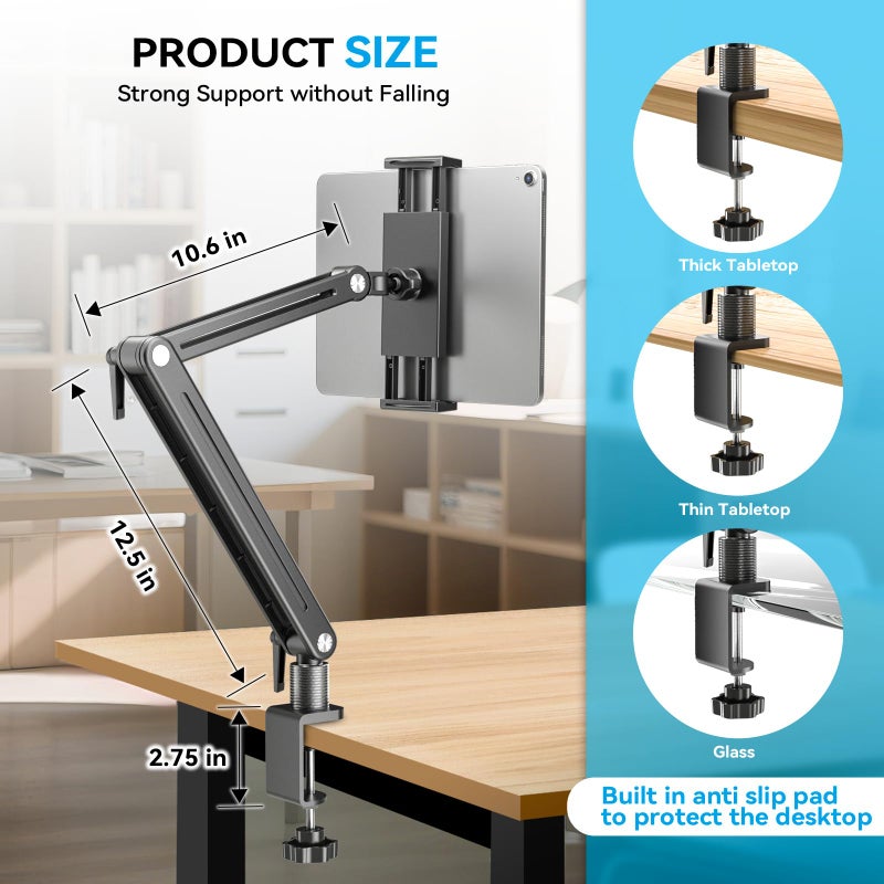 Jakeko Adjustable Tablet Mount for Desk - 360 Degree Rotating Base Tall Arm Holder Stand Swivel Flexible Clamp Soporte para Tablet/Portable Monitor/Ebook - Image 3