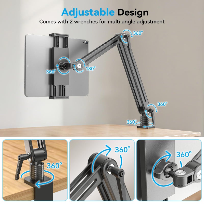 Jakeko Adjustable Tablet Mount for Desk - 360 Degree Rotating Base Tall Arm Holder Stand Swivel Flexible Clamp Soporte para Tablet/Portable Monitor/Ebook - Image 4