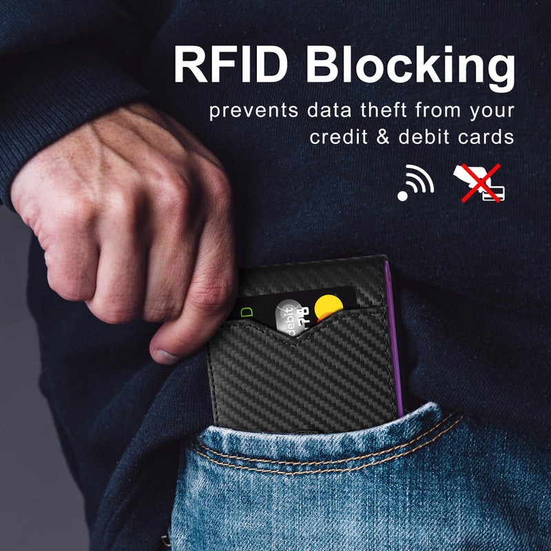 GSOIAX محفظة رجال جيسوياكس نحيفة للرجال جلد طبيعي ألياف كربونية مانعة للتداخل RFID جلد بقري قابلة للطي لحامل بطاقات الائتمان مع صندوق هدايا (أسود كربوني وبنفسجي) - Image 3