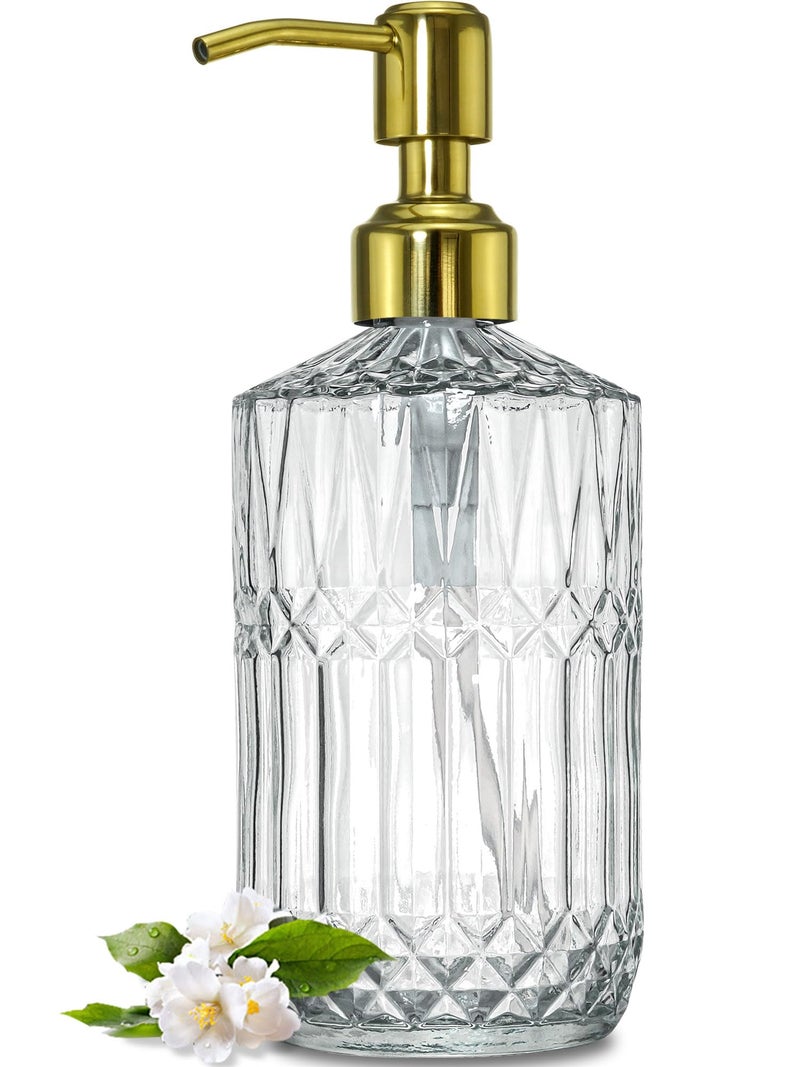 JASAI 18Oz Dazzling Clear Glass Soap Dispenser with Golden Pump for Bathroom, Refillable Kitchen soap Dispenser for Dish Soap, Bathroom Soap Dispenser for Hand Soap, Lotion.(Golden) - Image 1