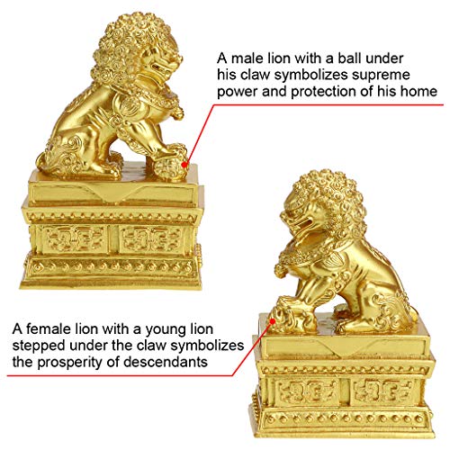 MDLUU Guardian Lion Statues, Pair of Fu Foo Dogs, Feng Shui Lion Sculptures for Cash Register, Office Desk, House Warming, Store Opening Gift, Gold - Image 4