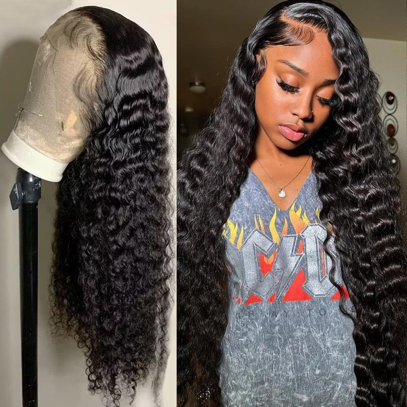 Ali Bling Bling Hair 13x6 Deep Wave Lace Front Wigs Human Hair Pre Plucked HD Lace Frontal Wigs 180% Density Transparent Lace Frontal Wig Curly Wigs Natural Hairline 30 Inch Natural Color Bleached Knots - Image 1