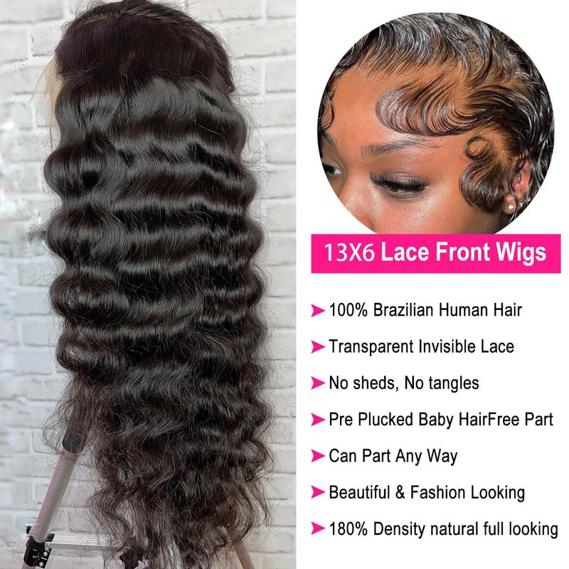 Ali Bling Bling Hair 13x6 Deep Wave Lace Front Wigs Human Hair Pre Plucked HD Lace Frontal Wigs 180% Density Transparent Lace Frontal Wig Curly Wigs Natural Hairline 30 Inch Natural Color Bleached Knots - Image 2