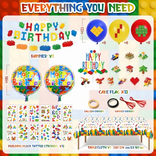 SNLN Building Block Birthday Party Decorations Supplies Kit Balloons Tablecloth Banners Cake Toppers Foil Balloons Tattoo Stickers Birthday Decorations for Kids Boys Girls BuildingThemed Celebration - Image 5