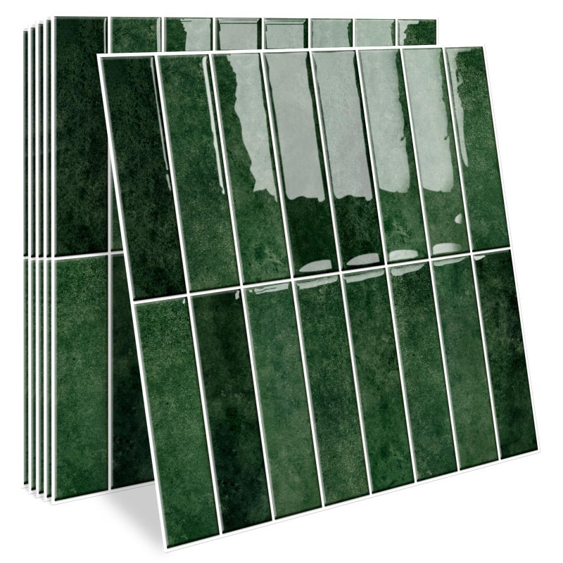 MORCART موركارت - بلاكشيل مطور للتركيب باللصق، 10 شرائح بمقاس 11.8"x11.8" - بلاط جداري ثلاثي الأبعاد مقاوم للماء للمطبخ والحمام ومحطات المترو، أخضر داكن - Image 1