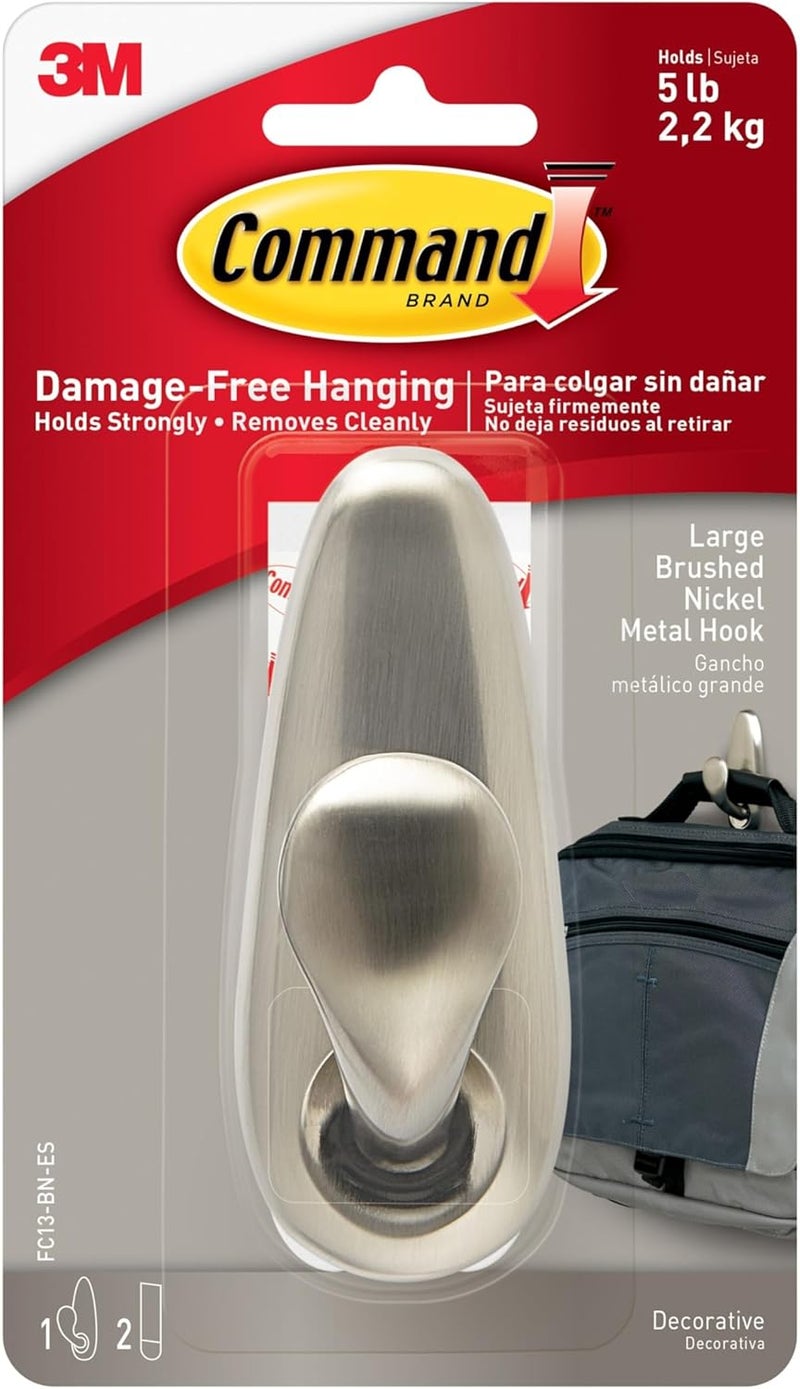 Command Classic Nickel Large Hook | Holds 2.2 kg each hook| Silver color | Organize | Decoration | No Tools | Holds Strongly | Damage-Free Hanging | 1 hook and 2 strips/pack - Image 1