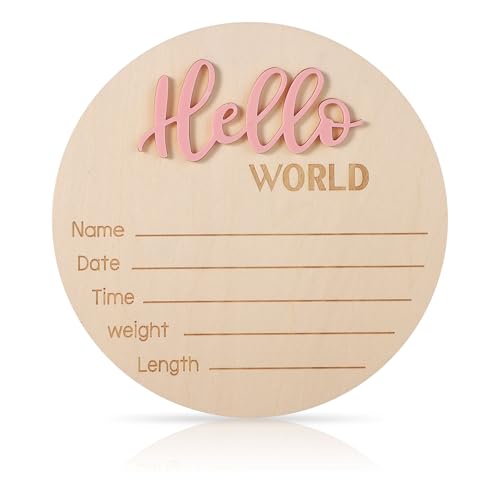 NQEUEPN Baby Announcement Sign 59in Wooden Hello World Newborn Signs Birth Announcement Sign Welcome Name Plaques for Newborn Boys and Girls Photo Props Baby Shower Hospital Nursery Light Pink - Image 1
