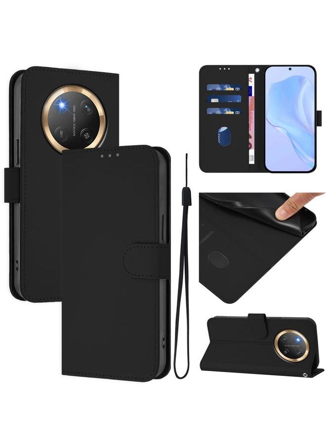 Zaboon For Honor X9C 5G Global Skin Feel Solid Color Leather Phone Case with Lanyard(Black) 