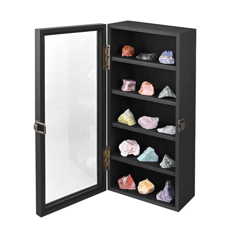 Ikee Design Wall Mounted Wooden Collectible Display Case 5 Shelf Display Storage Accessories with Tempered Glass Door Black Color