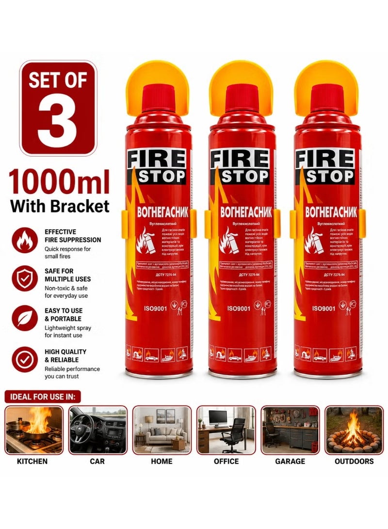 FIRE STOP 3 Pieces FIRE STOP Fire Extinguisher Foam Spray for Car, Home, Office, 1000 mL with Bracket - Image 1