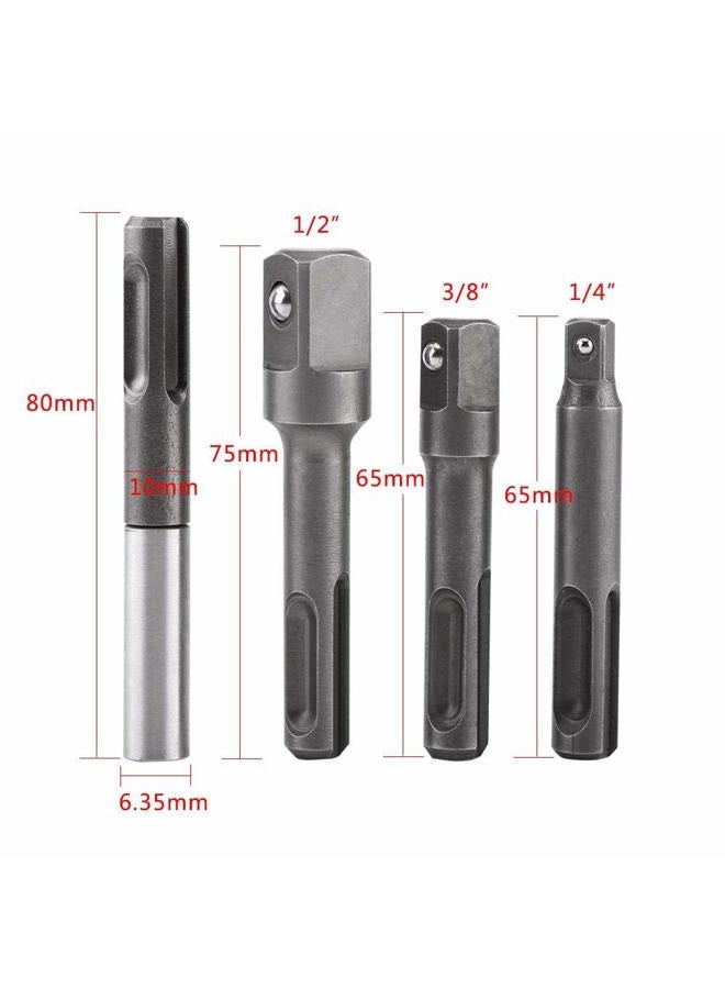Tangxi 4PCS SDS Plus Socket Adapter Set 1/4" 3/8" 1/2", 1/4" Hex Socket Adaptor, Universal Square Head Drill Bit Extension Connector | Hex Shank Adapter Drill Nut Driver, Power Extension Bit Set for Drills - Image 2