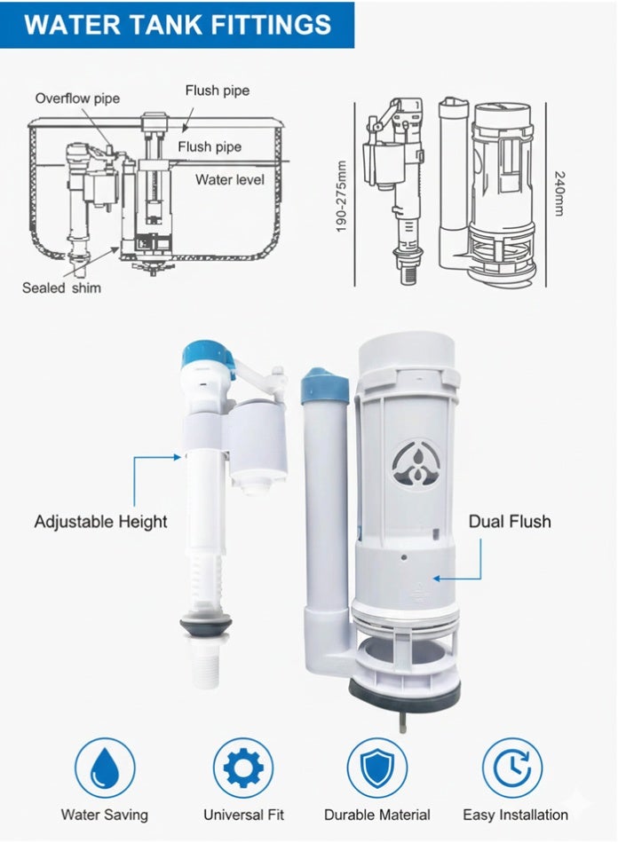 MODI Universal Toilet Flush Repair Kit – Adjustable Dual Flush Valve & Fill Valve Set, Water-Saving Toilet Tank Fixer, Easy DIY Installation for All Standard Cisterns - Image 2