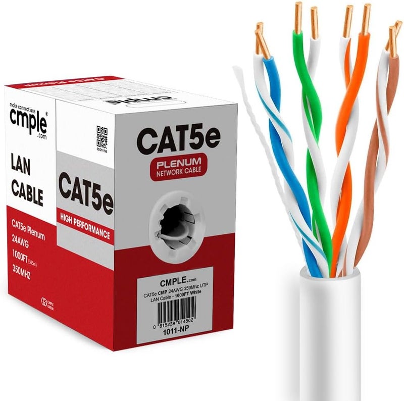 Cmple - Cat5e Plenum Cable 1000ft, CMP, White, 350MHz Gigabit Ethernet Solid Network Internet Bulk UTP - Image 1
