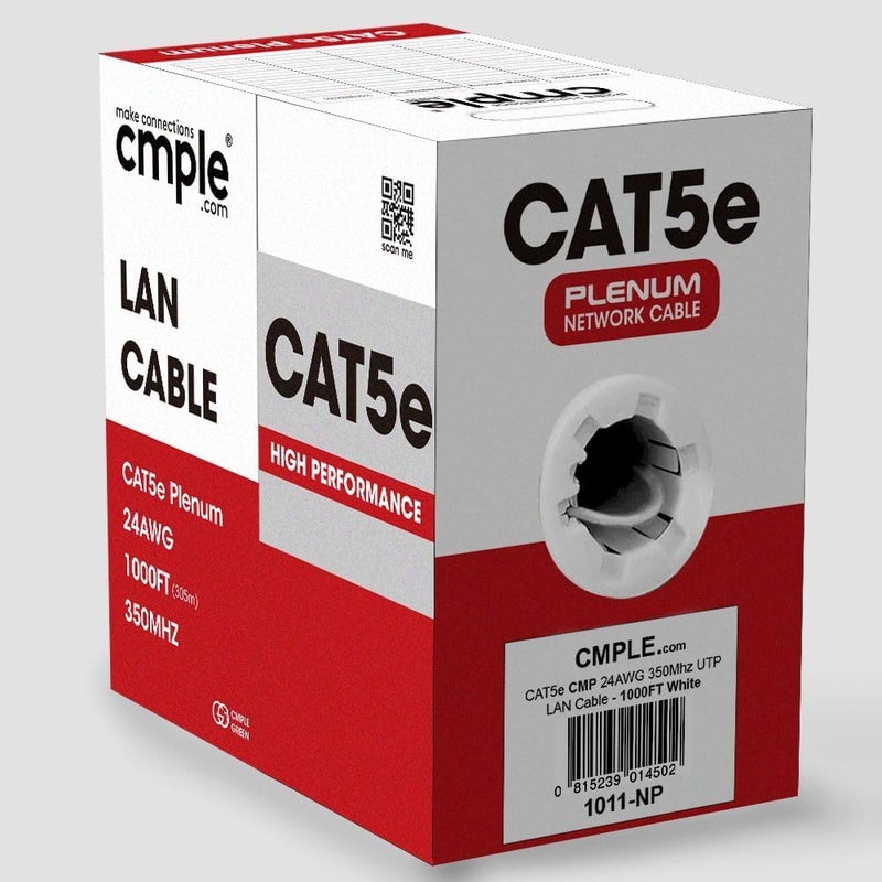Cmple - Cat5e Plenum Cable 1000ft, CMP, White, 350MHz Gigabit Ethernet Solid Network Internet Bulk UTP - Image 2