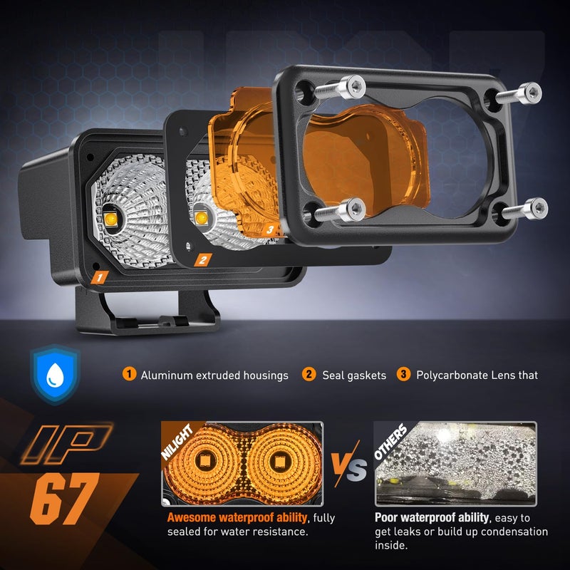 Nilight Amber Motorcycle Light Pods 2 PCS 3 Inch 1070LM Flood Offroad Driving Auxiliary Fog Lights Built-in EMC for Motorbike SUV ATV Truck Boat Tractor Forklift - Image 4